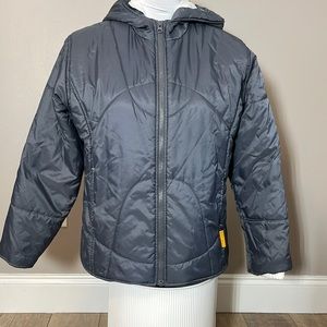 Nike thin quilted puffer zip up hooded inner & outer pockets gray / blue L - 14